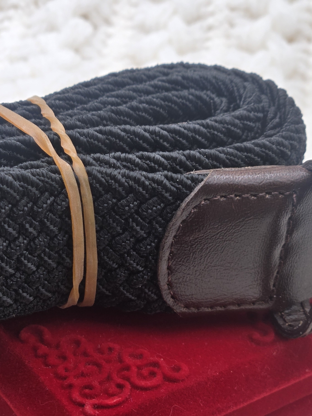 Classic Black Woven Men's Belt with Brown Leather Trim
